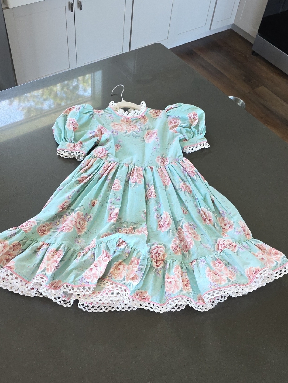 Vintage Daisy Kingdom Floral Puff Sleeve Kids Dress in Mint and Pink